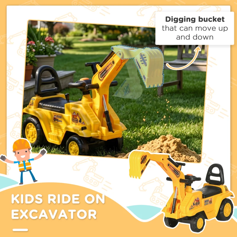 HOMCOM 2 in 1 Kids Ride On Tractor Pull Cart with Bucket, Under Seat Storage, Horn, High Backrest, for 1.5-4 Years Old, Yellow