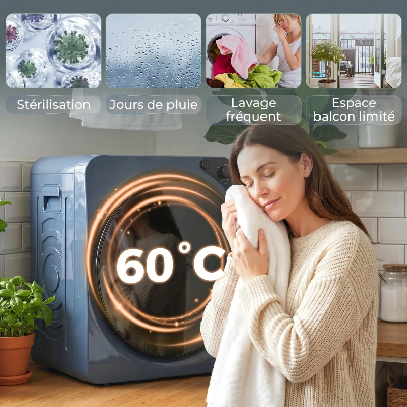 HOMCOM Sèche linge à évacuation compact, sèche-linge électrique 1000 W 3 Kg, 5 modes de séchage, cuve en acier inoxydable, bleu