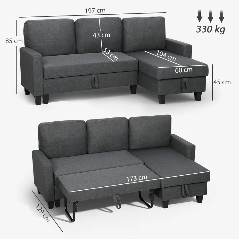 HOMCOM Ecksofa mit Schlaffunktion und Bettkasten L-Form Schlafsofa mit Verwandelbarer Chaiselongue, für Wohnung und Wohnzimmer