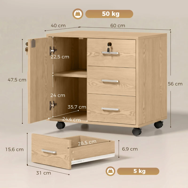 HOMCOM Caisson bureau meuble de rangement verrouillable avec 3 tiroirs et étagère réglable, roulettes, 40 x 60 x 56 cm, marron clair