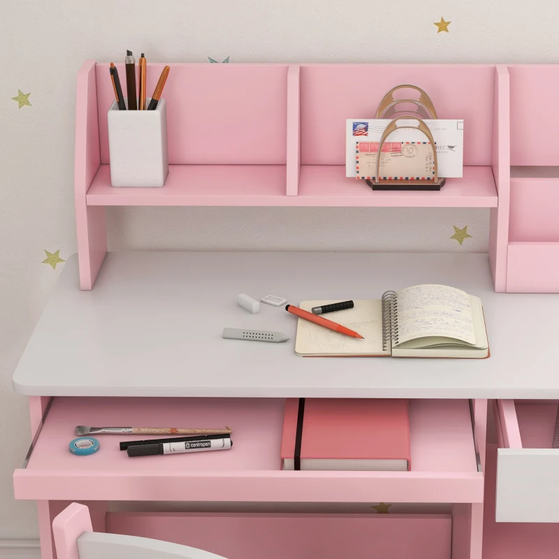 ZONEKIZ Escritorio y Silla para Niños con Almacenaje para Estudio Lectura y Juegos Mesa 90x45x90 cm y Silla 35x31,5x65 cm Rosa
