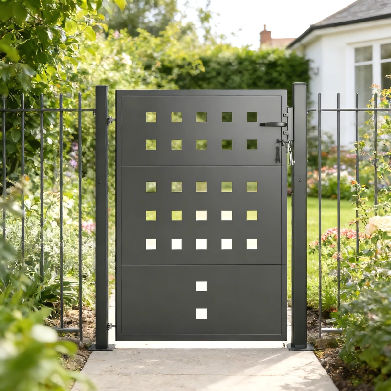 Outsunny Gartentor aus verzinktem Stahl Metall Gartentür mit Griff Schloss 3 Schlüssel abschließbar Zauntor 105x130 cm Dunkelgrau