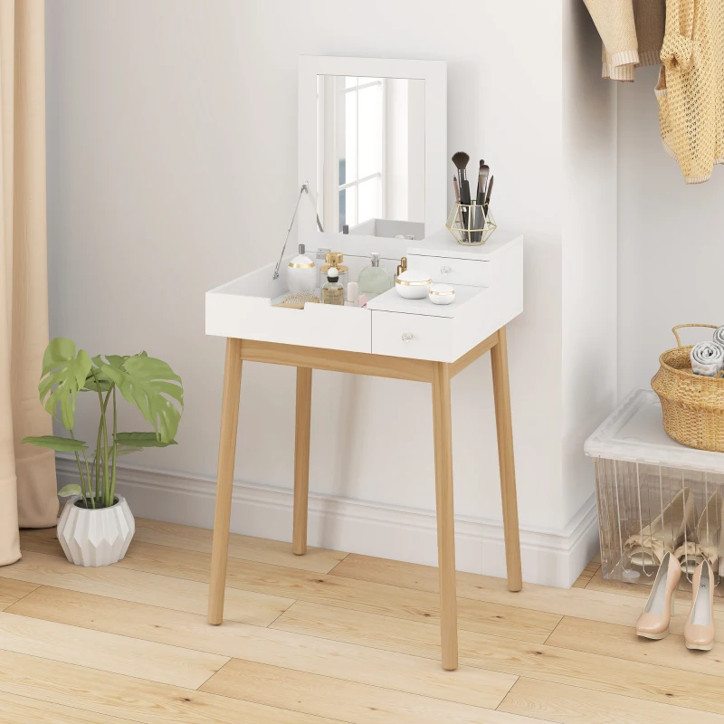 HOMCOM Schminktisch Frisiertisch Kosmetiktisch mit aufklappbarem Spiegel Holzfüße Weiß+Natur 60 x 50 x 85,5cm