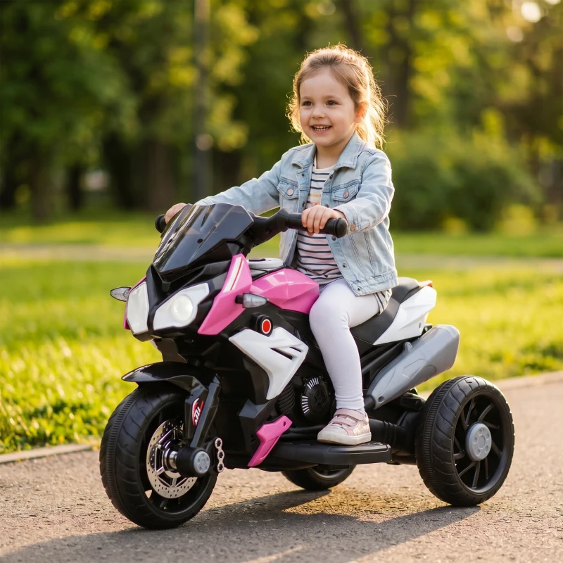 HOMCOM Elektro-Kindermotorrad, Lichter & Geräusche, 3 km/h, wiederaufladbar, Kunststoff & Metall, Rosa/Weiß