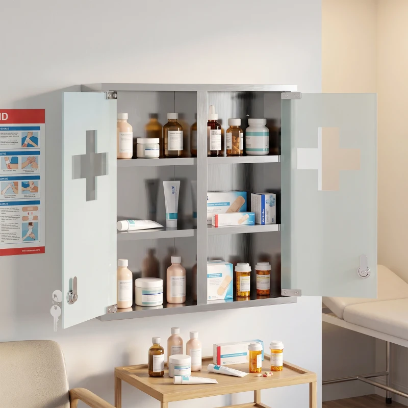 HOMCOM Armadietto per medicinali con serratura e ante in vetro, argento