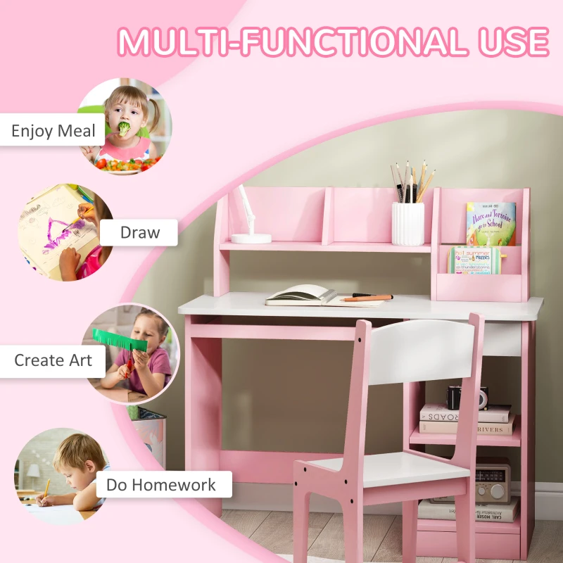 ZONEKIZ Escritorio y Silla para Niños con Almacenaje para Estudio Lectura y Juegos Mesa 90x45x90 cm y Silla 35x31,5x65 cm Rosa