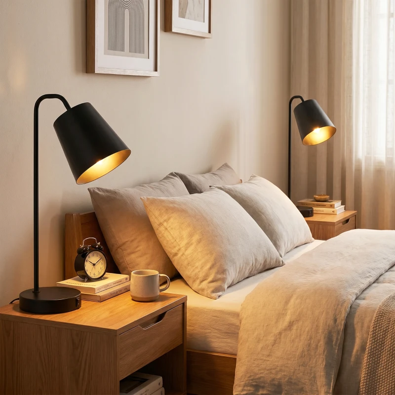 HOMCOM Tischlampen-Set, 2 Stück, Moderne Lampen mit USB-A- und USB-C-Anschluss für Schlafzimmer, Wohnzimmer & Büro, Schwarz