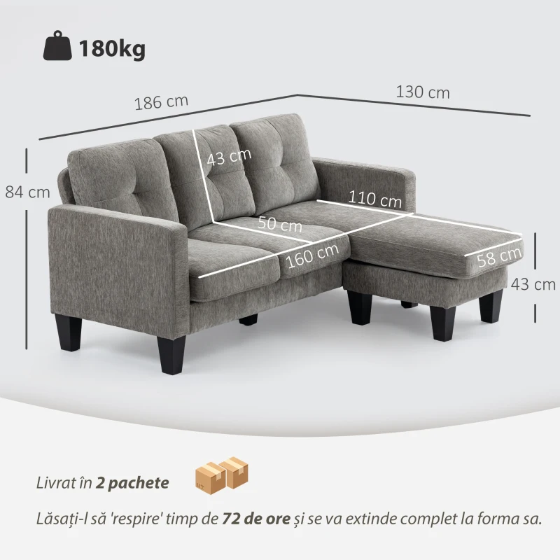 HOMCOM Canapea de colț 3 locuri cu perne pentru șezut și spătar, din material textil cu efect de catifea, 186x130x84 cm, taupe(m-3)