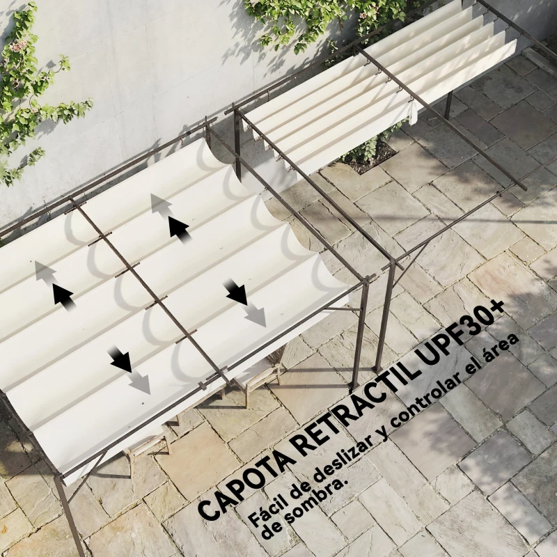 Outsunny Pérgola de Pared de Jardín 4x3 m con Techo Retráctil Protección UPF30+ Drenaje Cenador de Jardín para Exterior Crema