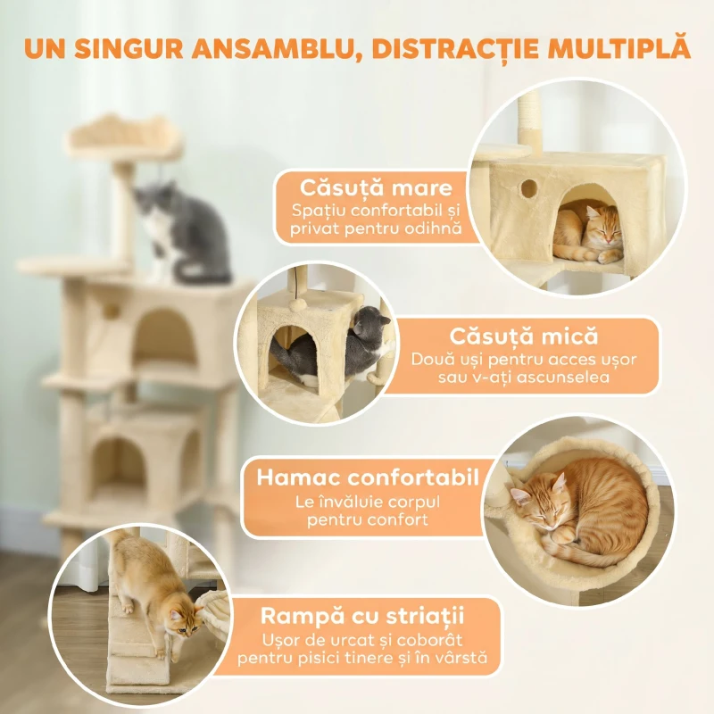 PawHut Ansamblu pentru Pisici, 140 Cm, cu 2 Căsuțe, Hamac, Culcuș și Stâlpi din Sisal, Bej