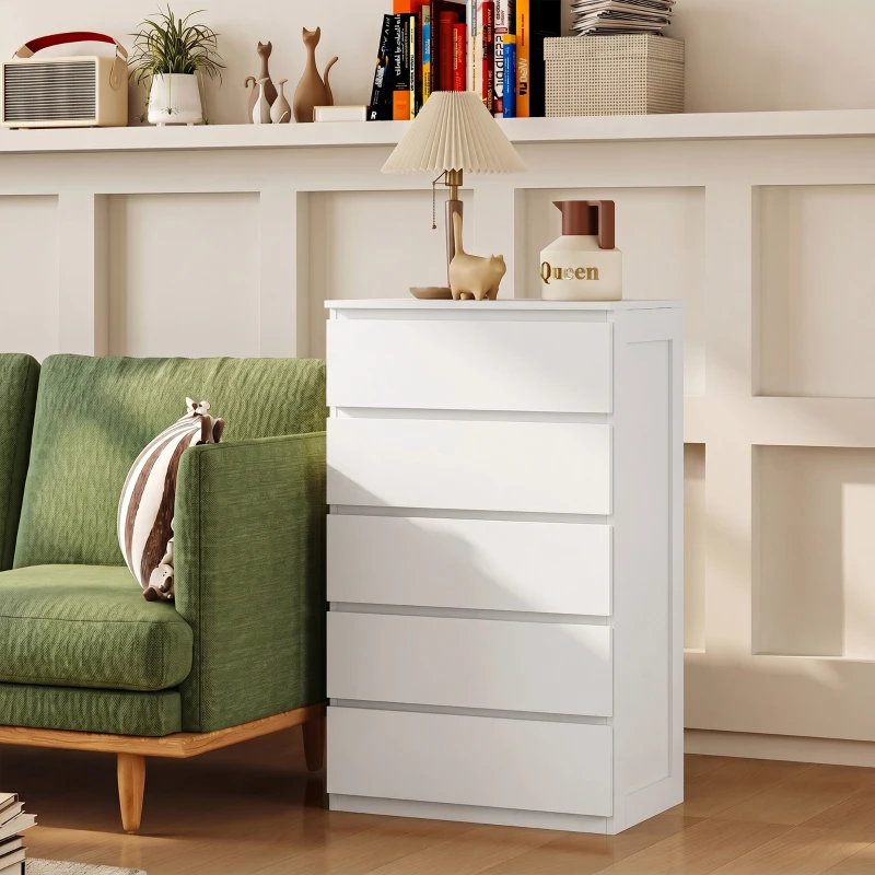 HOMCOM Comodă cu 5 Sertare din Lemn cu Mânere Incorporate, 60x38x100 cm, Alb(m-8)