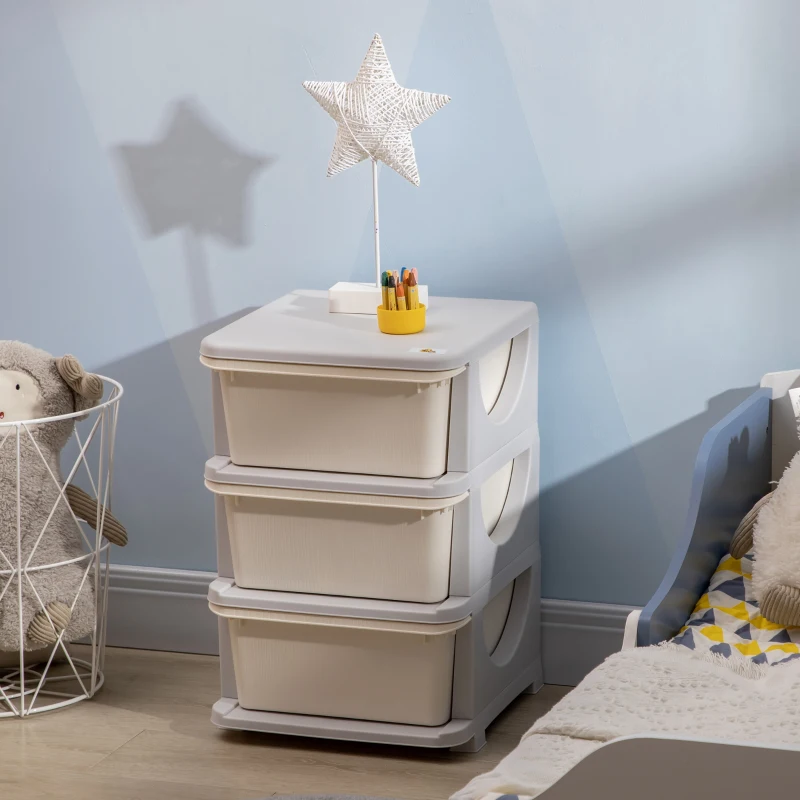HOMCOM Organisateur de jouets pour enfants avec tiroirs à 3 niveaux, boîtes de rangement en plastique, 37 x 37 x 56,5 cm, crème