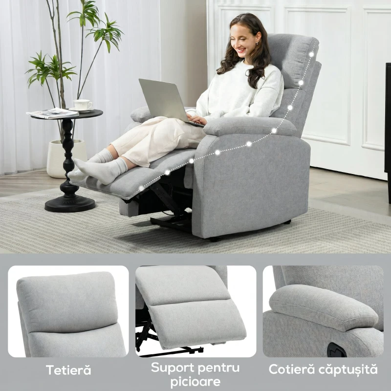 HOMCOM Fotoliu Reclinabil Manual la 60° Extra Căptușit în Material Textil cu Suport pentru Picioare, Gri
