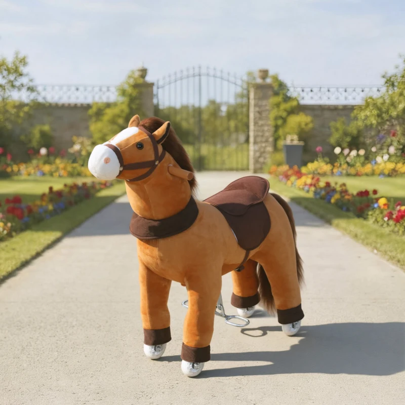 AIYAPLAY Cheval à Monter pour Enfant, Cheval à Roulettes en Peluche, Poignée, 75 cm de Haut, pour 3 à 5 Ans, Marron
