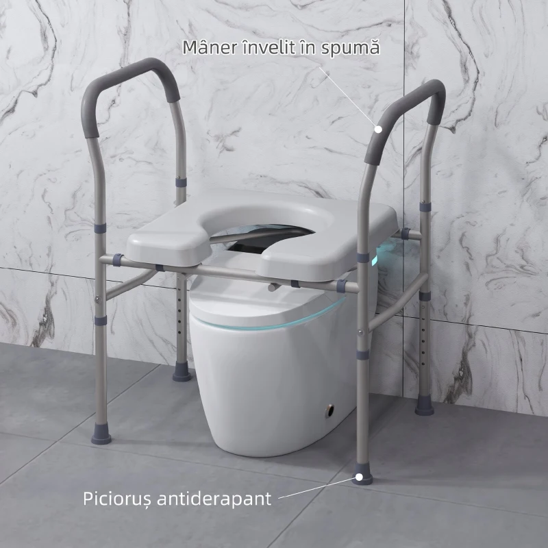 HOMCOM Scaun comod WC pentru vârstnici și persoane cu dizabilități 4 în 1 reglabil pe înălțime, cu brațe capitonate, gri