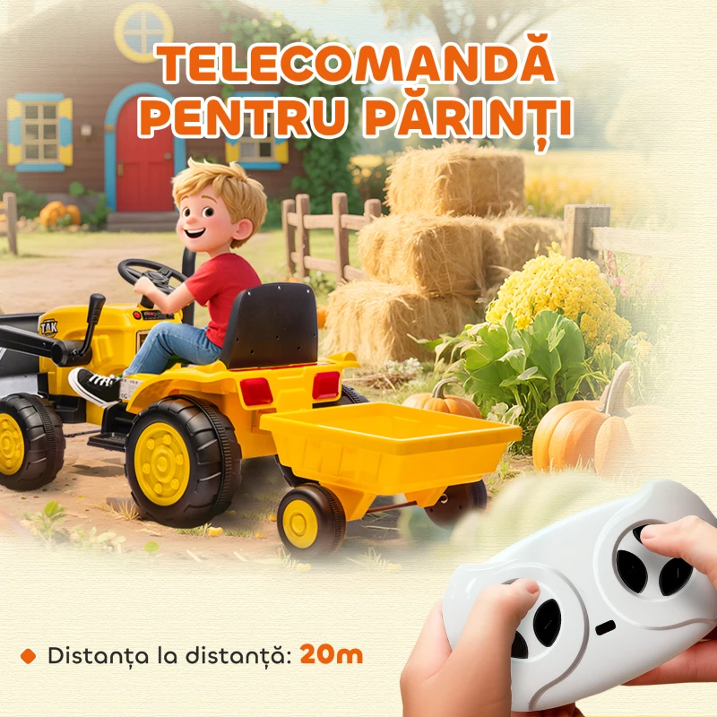 AIYAPLAY Excavator Electric pentru Copii 12V cu Cupă, Remorcă și Telecomandă, Vârsta 3-8 Ani, Galben