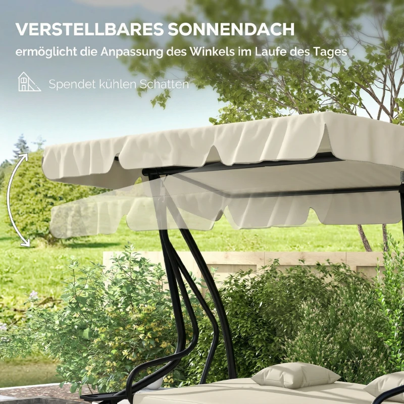 Outsunny 2-in-1 Tuinschommel met Ligfunctie, Verstelbaar Dak, tot 340 kg, Staal, 200x120x164 cm, Crèmewit