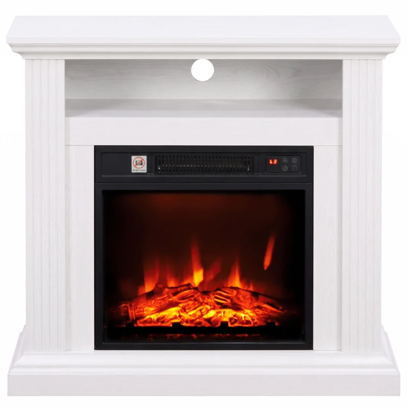 HOMCOM Chimenea Eléctrica 1800 W, Efecto Llama con 3 Niveles de Luminosidad, Chimenea Falsa con Repisa, Efecto Madera Blanco