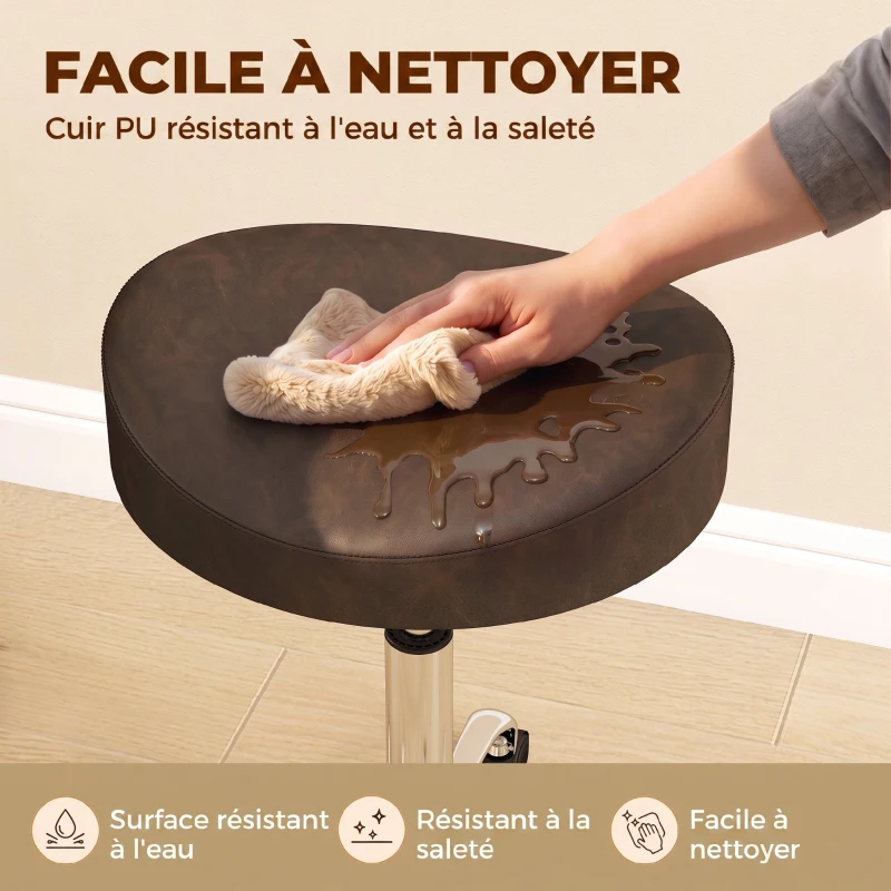 HOMCOM Tabouret à roulettes, tabouret de salon avec hauteur réglable 51-66 cm et assise rembourrée, pivotant 360°, marron