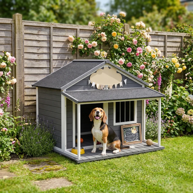 PawHut Cuccia per Cani da Esterno con Terrazza, Finestra e Tetto Impermeabile, 124x112x105cm, Grigio