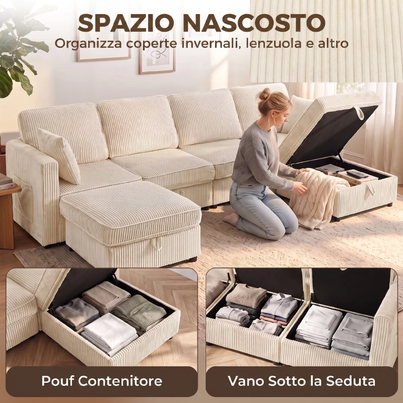 HOMCOM Divano Modulare a U 4 Posti con 2 Pouf Contenitori in Velluto a Coste, 4 Cuscini, Bianco Crema