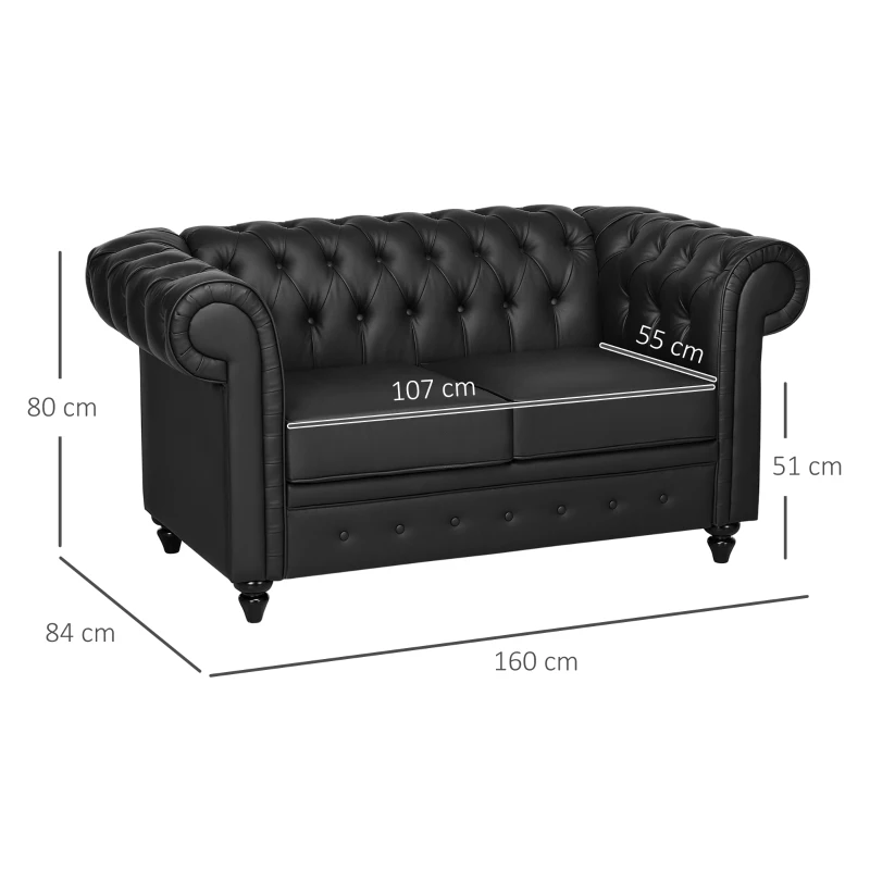 HOMCOM Canapea cu 2 Locuri Stil Chesterfield, PU, Lemn Masiv, 160 x 84 x 80 cm, Negru(m-14)