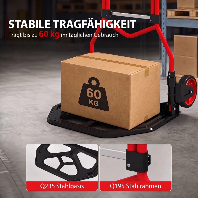 HOMCOM Carrinho de Carga Dobrável com Pega Telescópica Ajustável, 60 kg, com Rodas, para Garagem e Escritório, Vermelho
