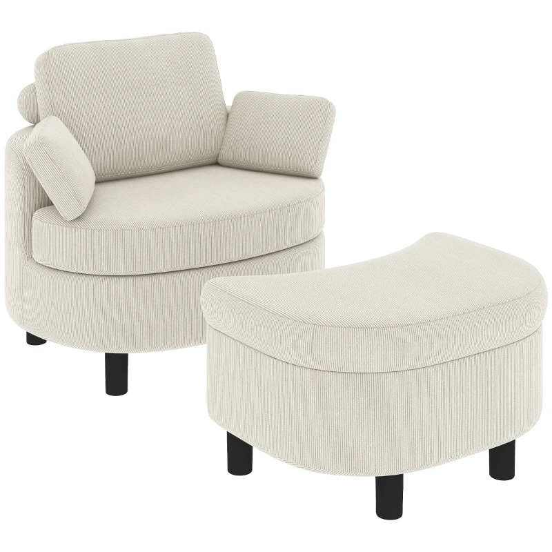 HOMCOM Fauteuil met opbergpoef, cordbekleding, omsluitende leesstoel met verstelbare hoofdsteun, brede zitting, crèmewit