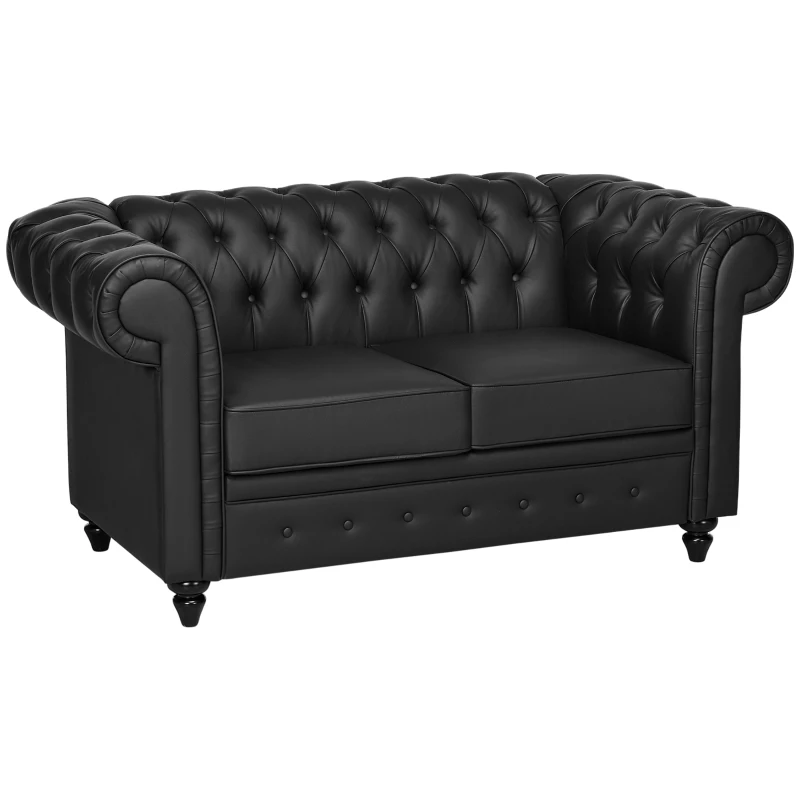 HOMCOM Canapea cu 2 Locuri Stil Chesterfield, PU, Lemn Masiv, 160 x 84 x 80 cm, Negru(m-12)