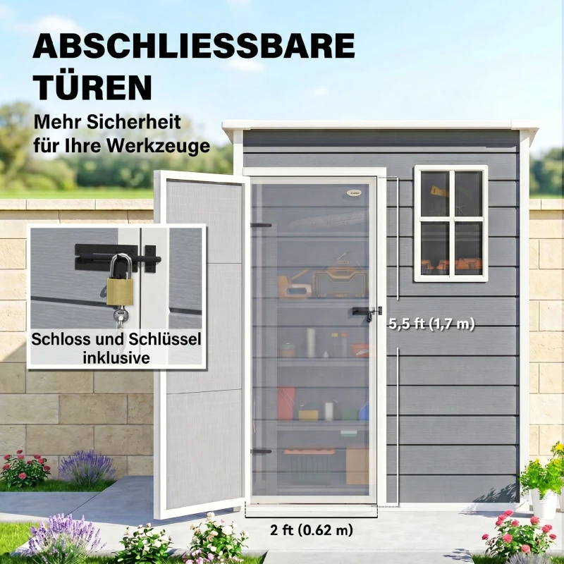 Outsunny Gerätehaus Kunststoff 1,14m² 151 x 92 x 193cm Geräteschuppen mit Pultdach Boden Fenster Grau(m-6)