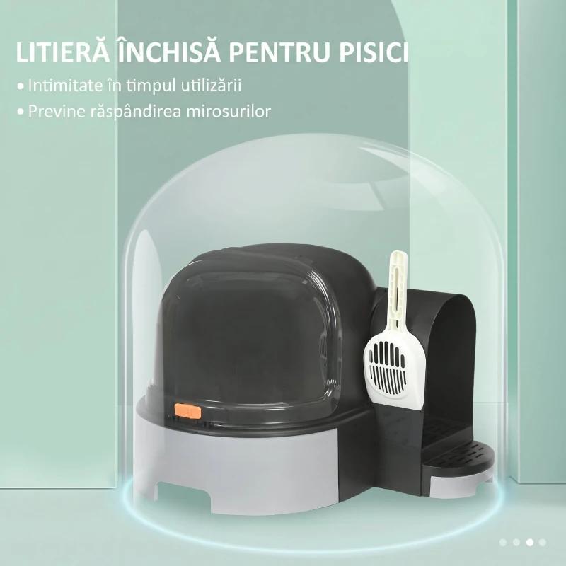 PawHut Litiere pentru Pisici Închise cu Capac, Tavă Detasabilă și Lopățică, din PP și PC, 52x60x42 cm, Gri Închis