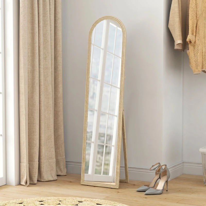 HOMCOM Oglindă de Podea și Perete Full Body cu Suport, Efect de Piatră și Formă Arcuită, 40x160 cm, Bej
