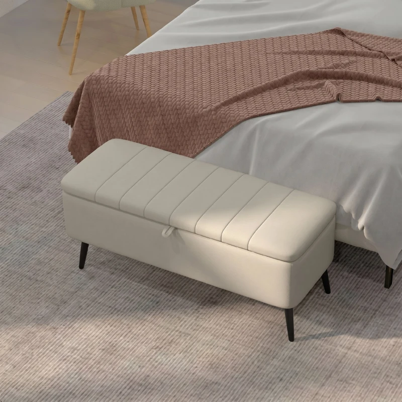 HOMCOM Sitzbank mit Stauraum Polsterbank mit Leinenoptik, Sitztruhe mit Stahlbeine 102 x 40 x 44 cm, Cremeweiß