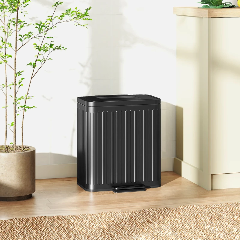 HOMCOM Küchenmülleimer, 2 x 20 L-Fächer, effiziente Mülltrennung, Fußpedal, Kunststoff, Metall, Schwarz