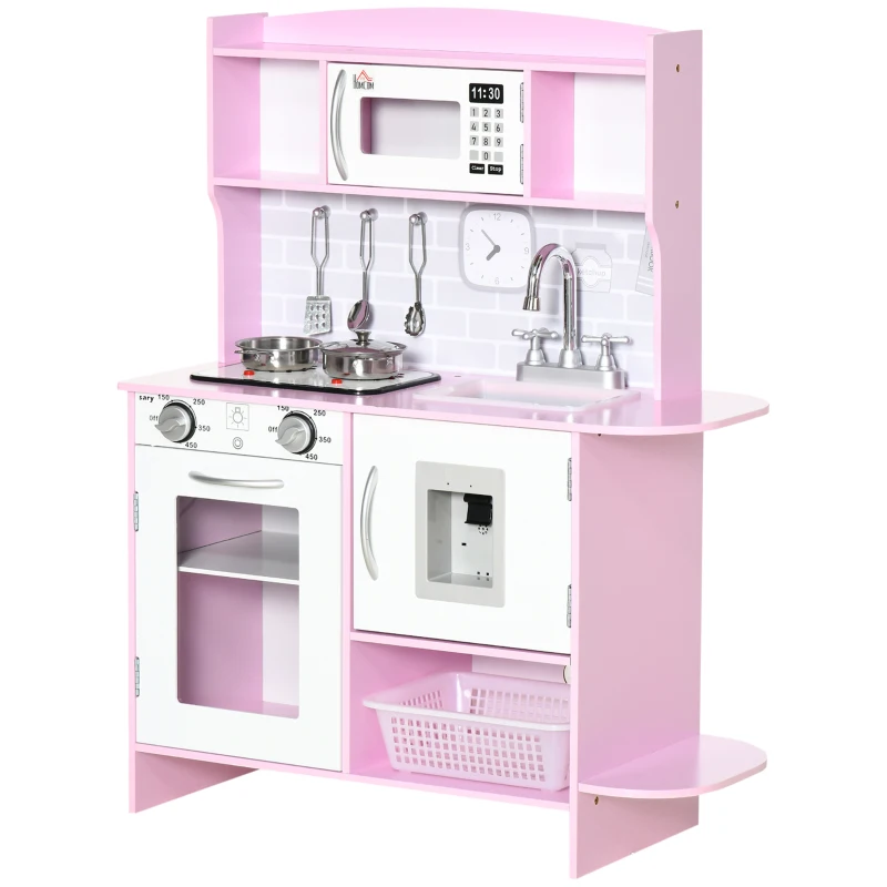 HOMCOM Bucătărie de Jucărie pentru Copii, cu Lumini și Sunete, Dozator Apă, Chiuvetă și Accesorii, MDF, PP, Roz