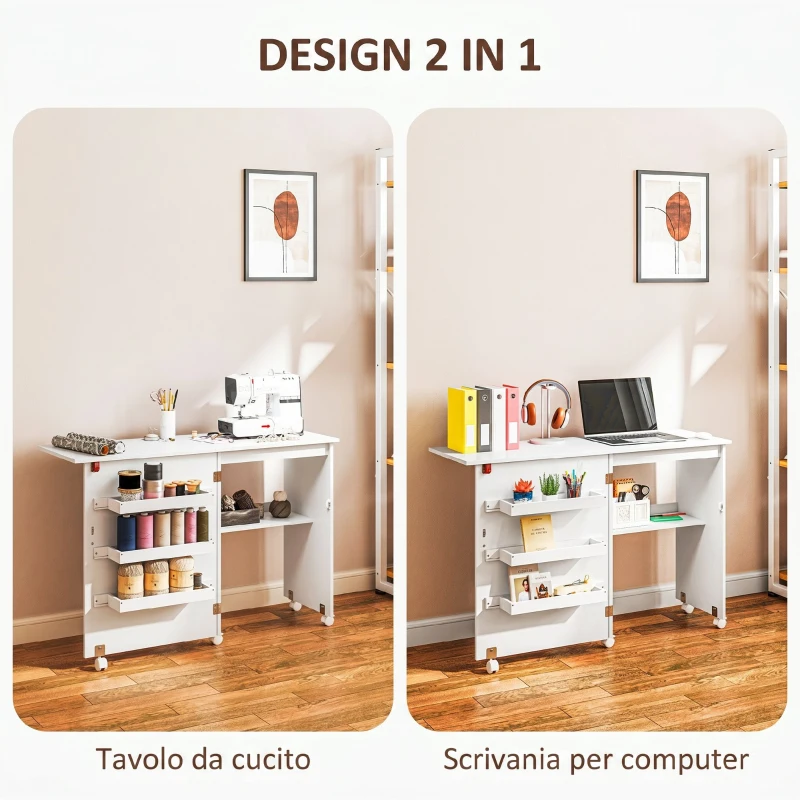 HOMCOM Mobile per Macchina da Cucire Pieghevole con Piano Ampio, 3 Contenitori, Mensola Inferiore, Ruote, Bianco