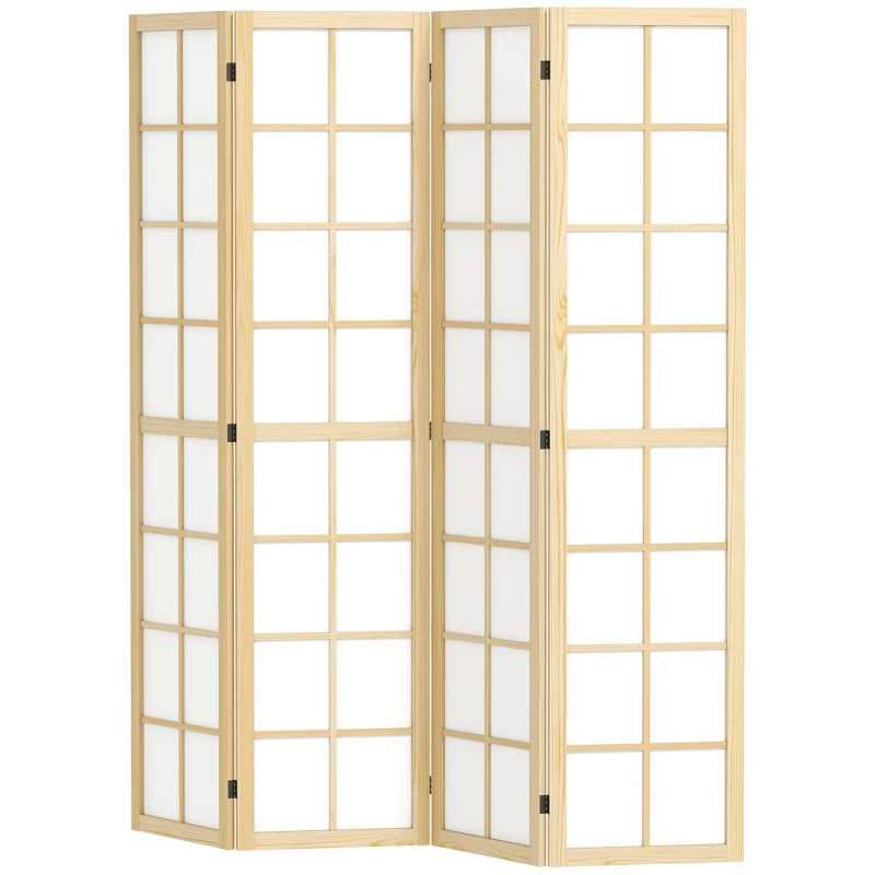 HOMCOM Biombo de 4 Paneles Plegable con Marco de Madera 160x170 cm para Dormitorio Oficina Salón Natural
