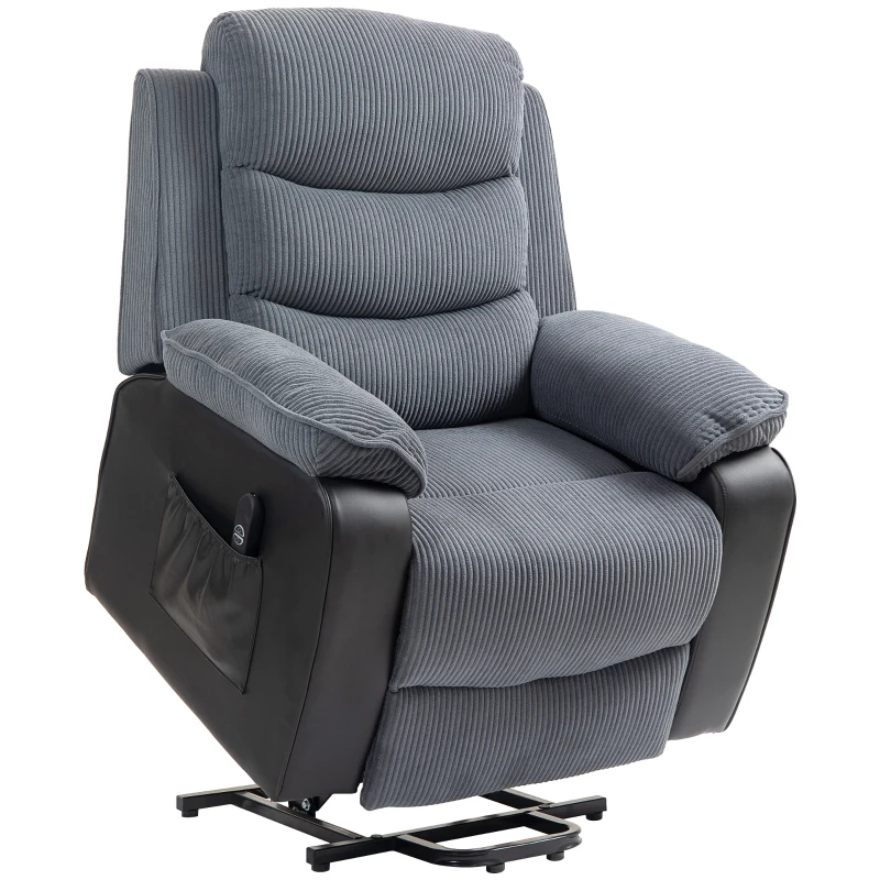 HOMCOM Aufstehsessel mit weichem Cordbezug, Recliner-Sessel mit Fernbedienung und Seitentaschen, Dunkelgrau