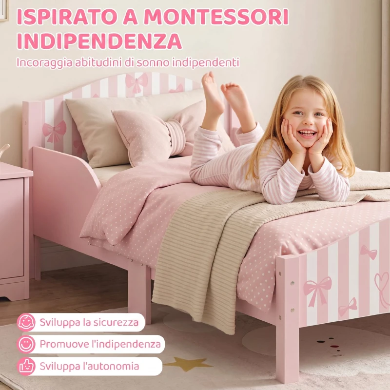 AIYAPLAY Letto Montessori per Bambini 3-6 Anni 146x76.5cm, Sponde Anti-Caduta, Forma di Fiocco per Cameretta, Rosa