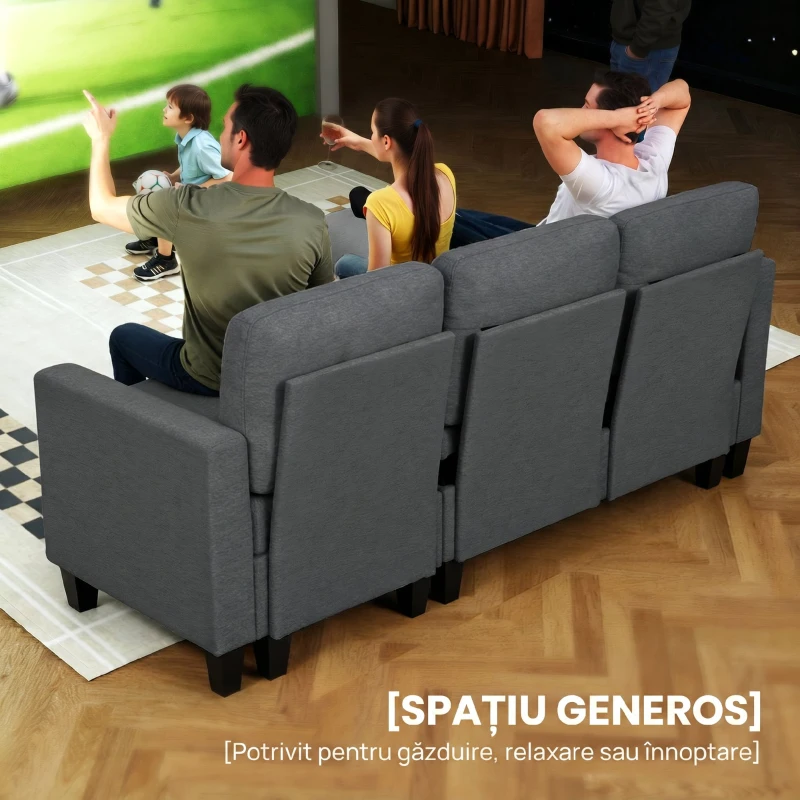 HOMCOM Divan Pat cu 3 Locuri și Chaise și Spațiu de Depozitare, din Țesătură cu Efect de Lin, 197x129x85 cm, Gri Antracit