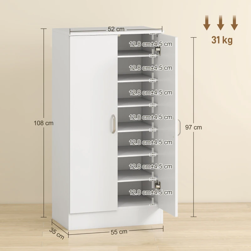 HOMCOM Dulap pentru pantofi cu 6 rafturi reglabile din lemn, alb, 55x35x108 cm
