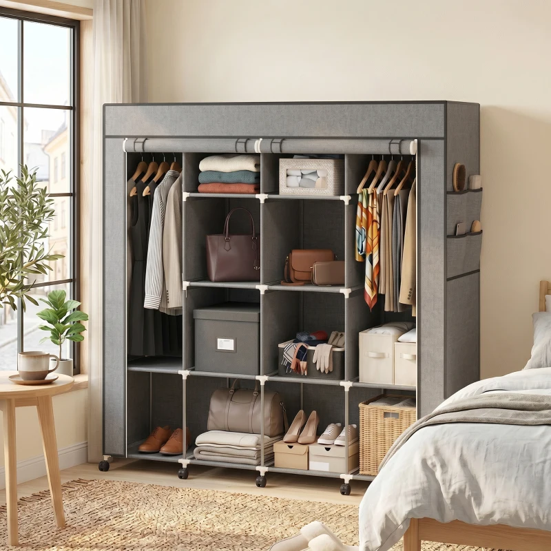 HOMCOM Kleiderschrank Stoffschrank, Türen, 2 Kleiderstangen, 10 Fächer, Grau