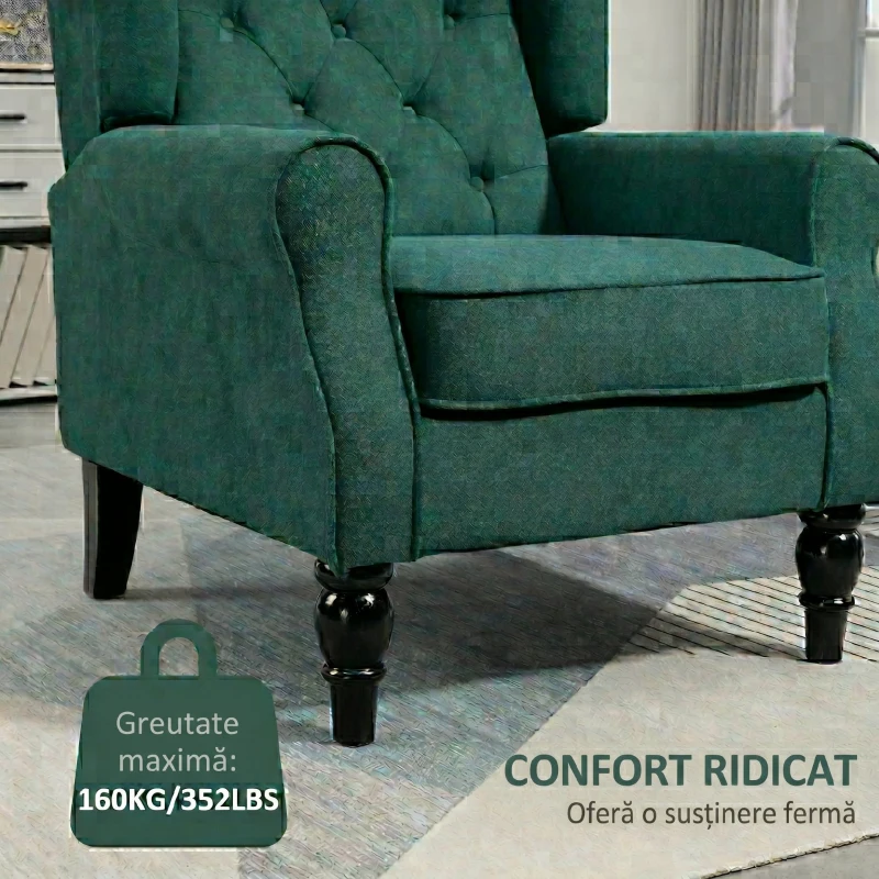 HOMCOM Fotoliu de Salon în Stil Francez cu Șezut Confortabil și Perne, din Poliester, 74x86x102 cm, Verde Închis