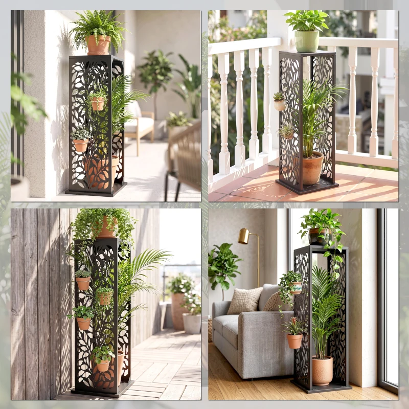 Outsunny aminholzregal 38 x 38 x 112cm erhöhtes Brennholzregal mit 4 Haken Dekorative Aussparungen bis 100 kg Stahl