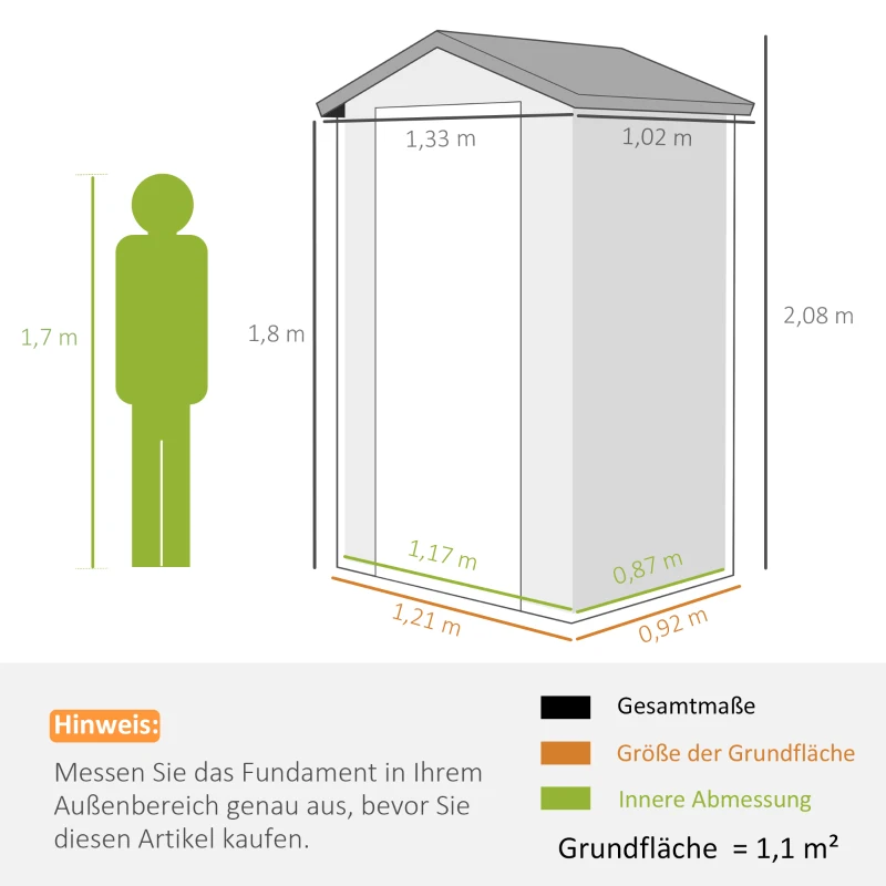 Outsunny Gerätehaus, 1,1m², Gartenhaus mit Satteldach, 133 x 102 x 180/208 cm