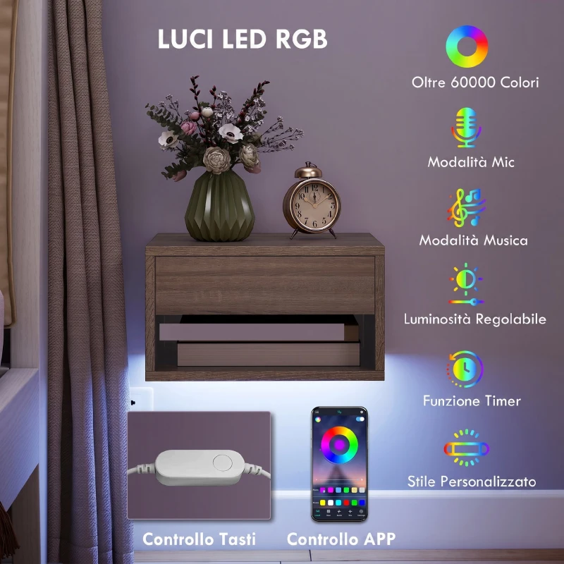HOMCOM Set 2 Comodini Sospesi con LED RGB Integrati e Regolabili con APP, Cassetto e Ripiano, 37x32x21 cm, Color Legno
