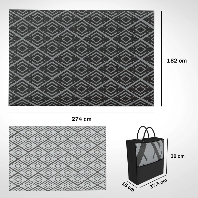 Outsunny Alfombra de Exterior Reversible 182x274 cm con Patrón Geométrico de Rombos Impermeable Bolsa de Transporte Negro