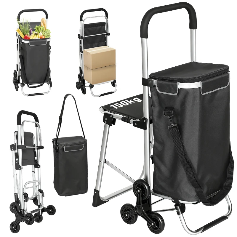 HOMCOM Einkaufstrolley, 40 L Oxford-Tasche, 3-Rad-Design, Aluminiumrahmen, Sitz, Duneklgrau