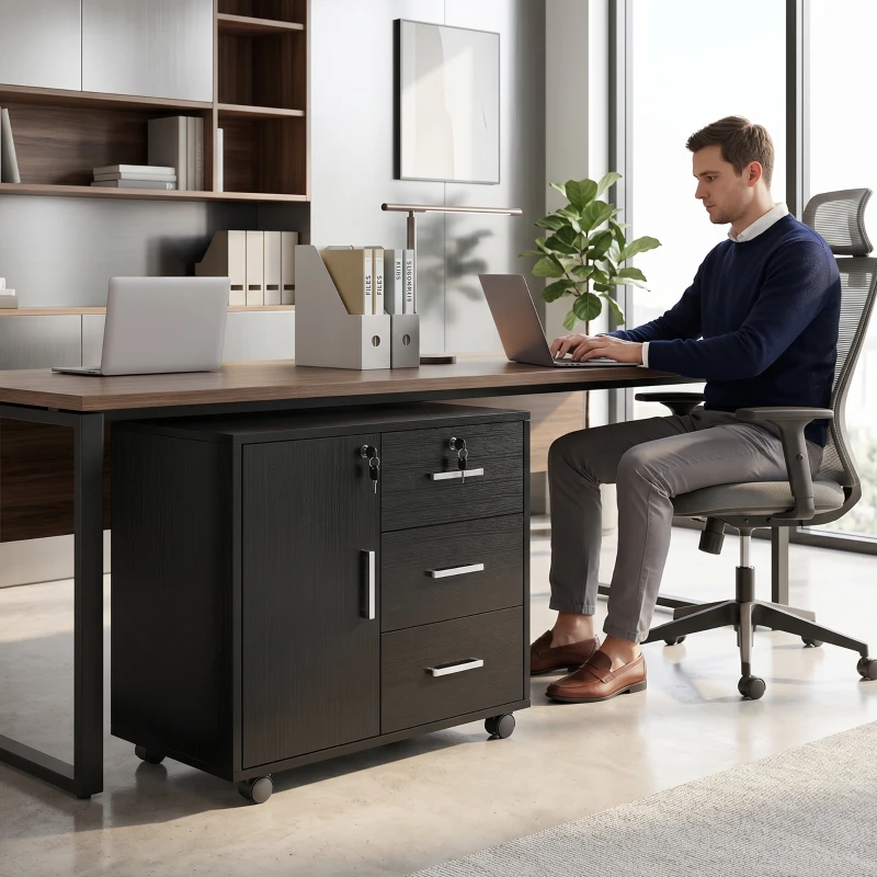 HOMCOM Caisson bureau meuble de rangement verrouillable avec 3 tiroirs et étagère réglable, roulettes, 40 x 60 x 56 cm, noir