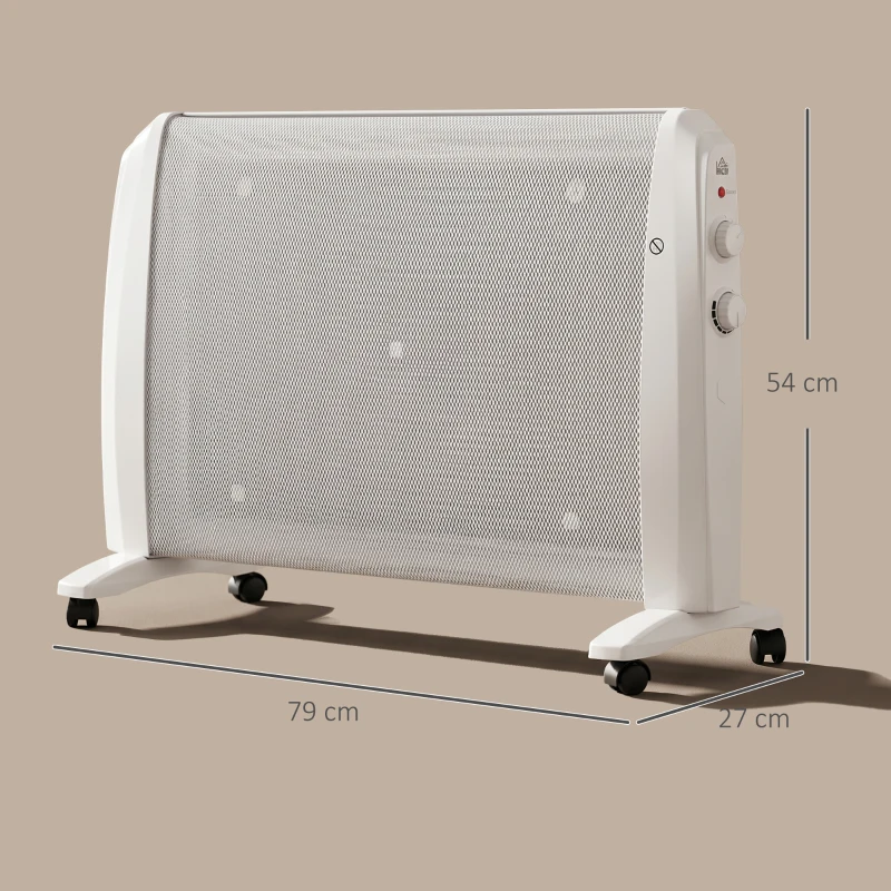 HOMCOM Radiator Electric Mică 1000W/2000W cu Termostat Reglabil, 15-20 m², 4 Roți, 79x27x54 cm, Alb